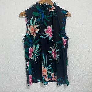 Worthington Floral Sleeveless Top Tropical Print Black Pink Large